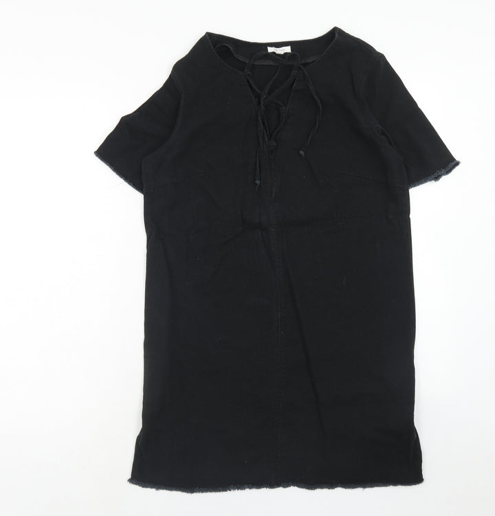 Lily Loves Womens Black Cotton Shift Size 8 V-Neck Lace Up