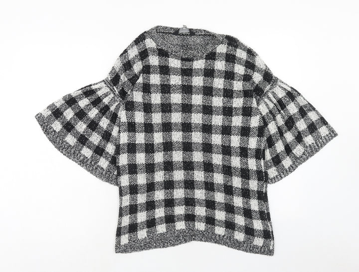 F&F Womens Black Round Neck Check Cotton Pullover Jumper Size 6