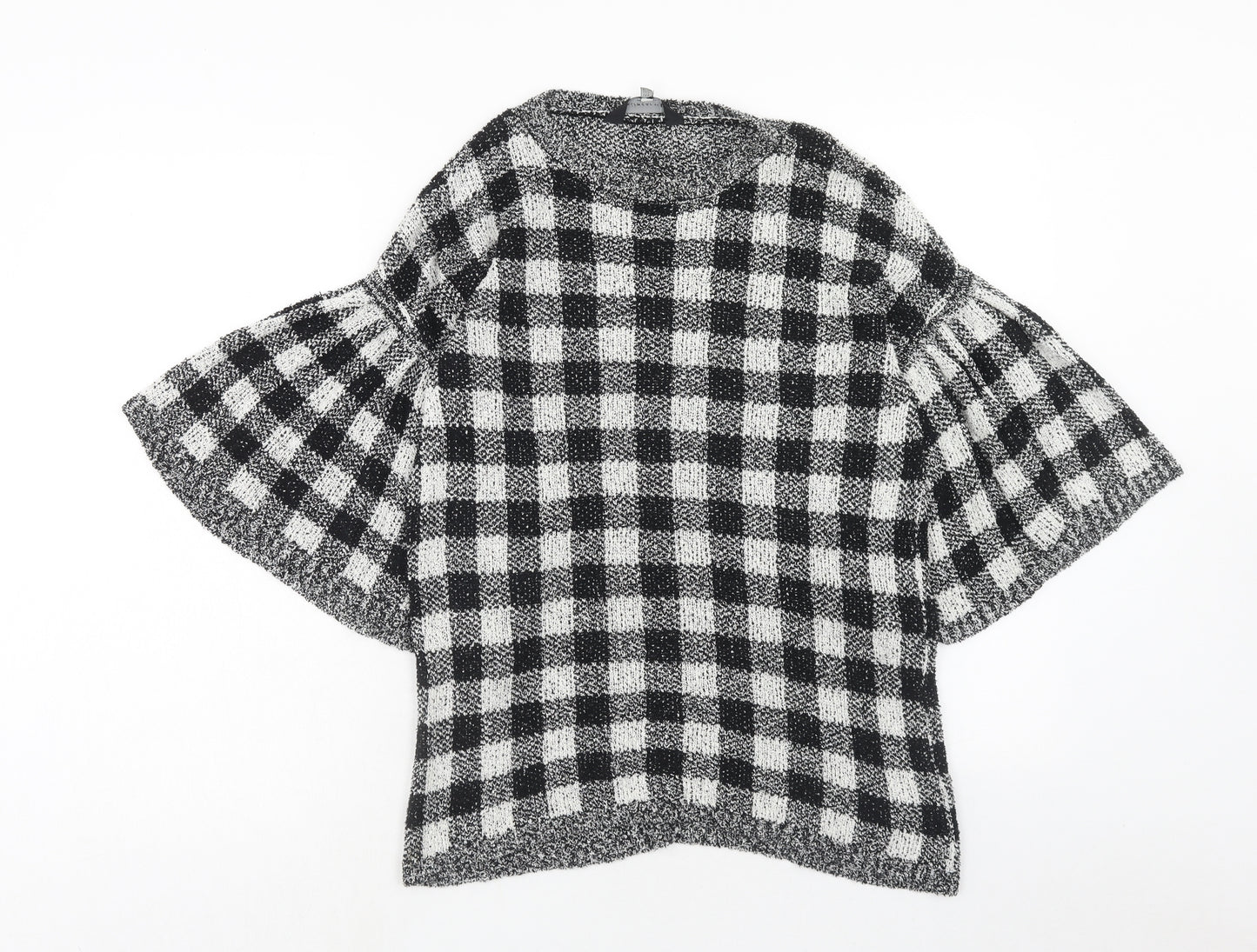 F&F Womens Black Round Neck Check Cotton Pullover Jumper Size 6