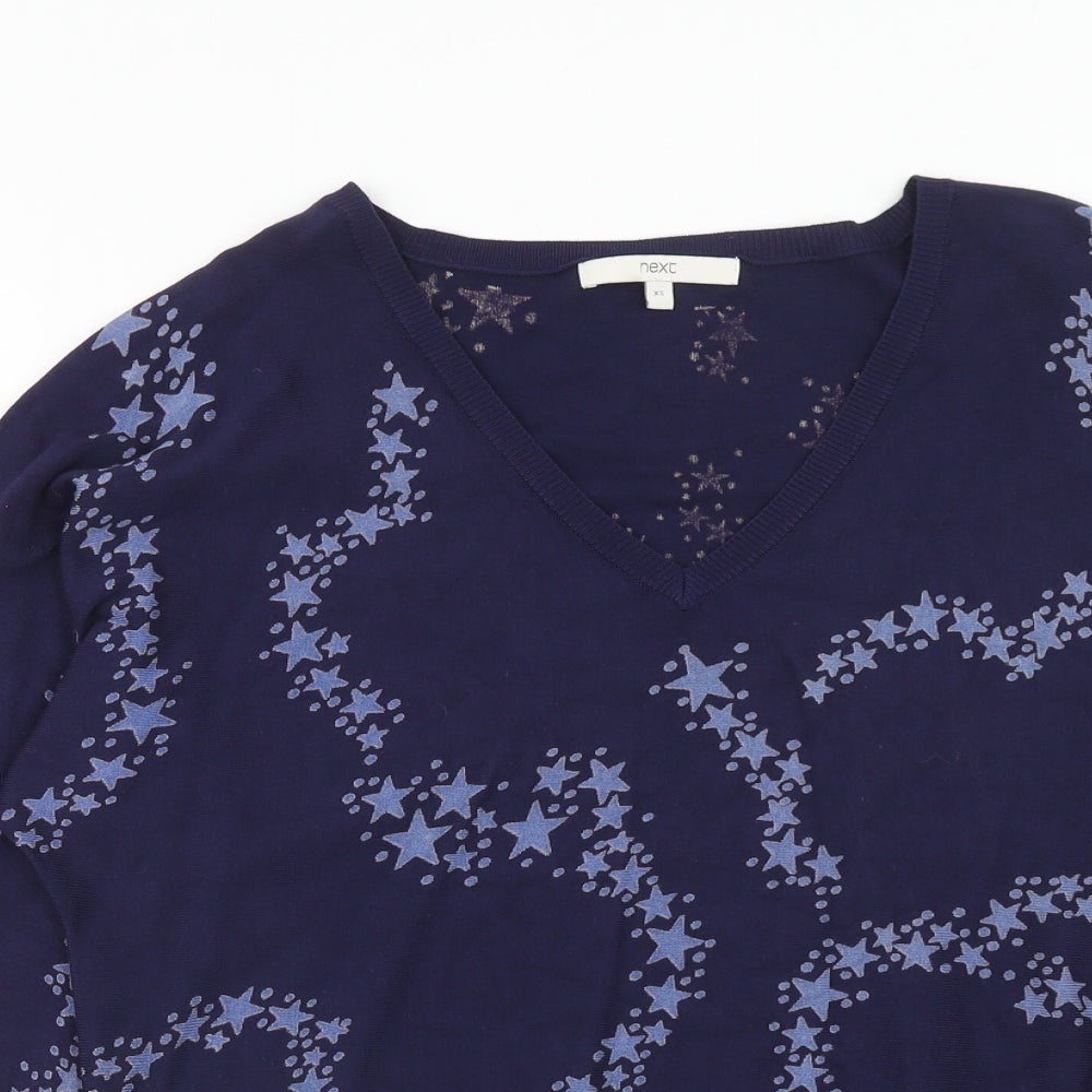 NEXT Womens Blue V-Neck Geometric Viscose Pullover Jumper Size XS - Star Pattern