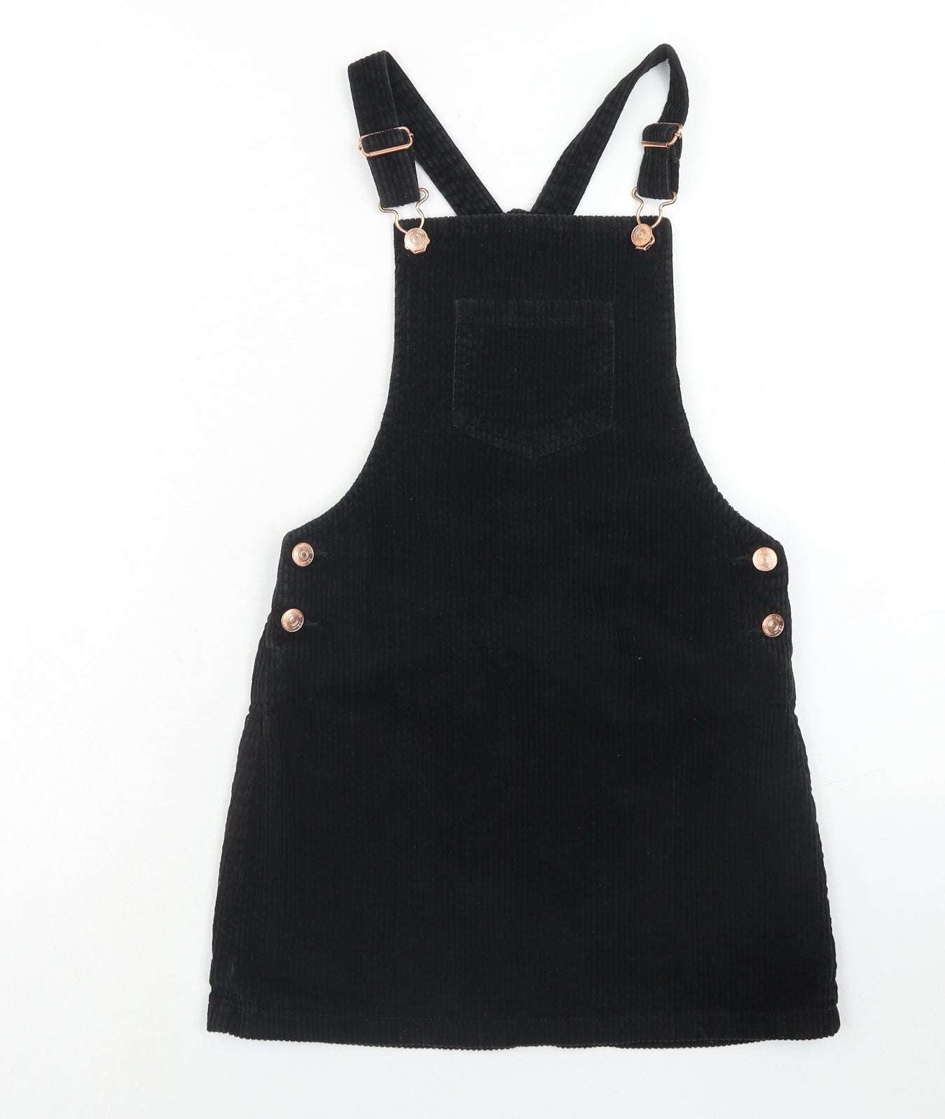 F&F Girls Black Cotton Pinafore/Dungaree Dress Size 10-11 Years Square Neck Button