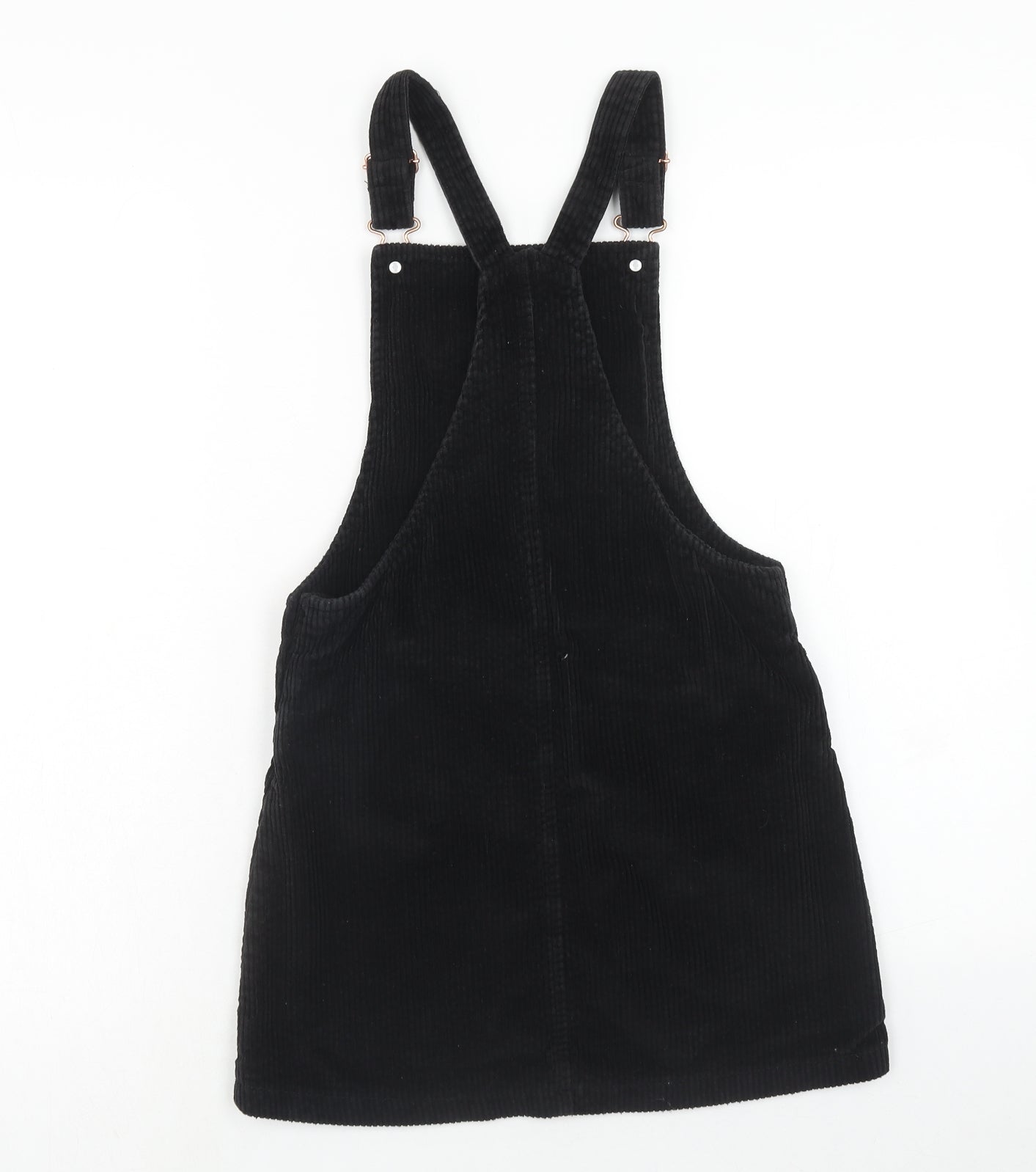 F&F Girls Black Cotton Pinafore/Dungaree Dress Size 10-11 Years Square Neck Button