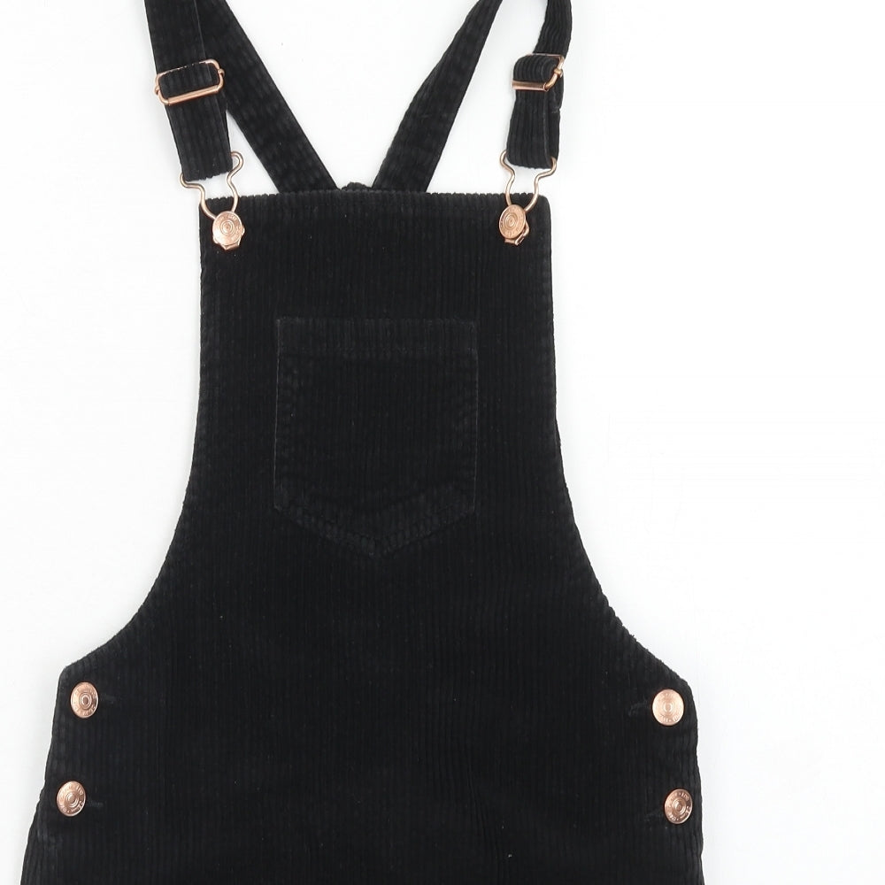 F&F Girls Black Cotton Pinafore/Dungaree Dress Size 10-11 Years Square Neck Button