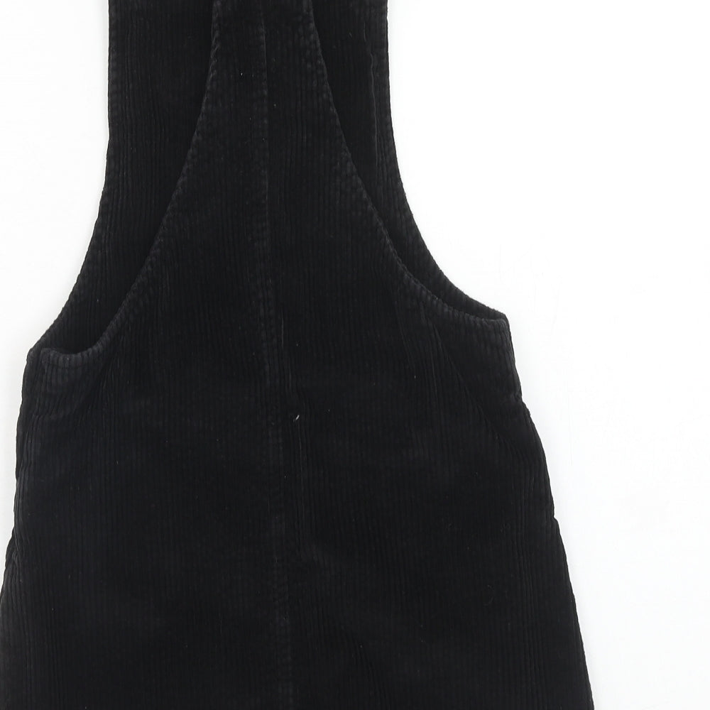 F&F Girls Black Cotton Pinafore/Dungaree Dress Size 10-11 Years Square Neck Button