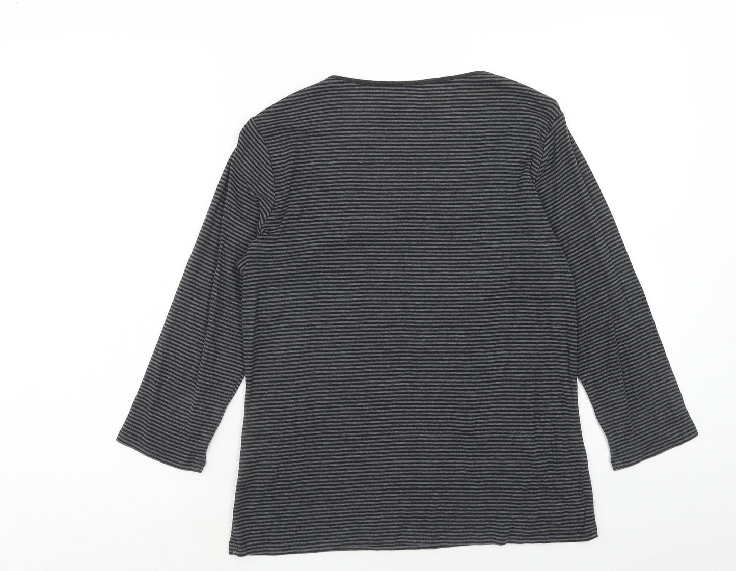 Marks and Spencer Womens Grey Striped Cotton Basic T-Shirt Size 14 Scoop Neck