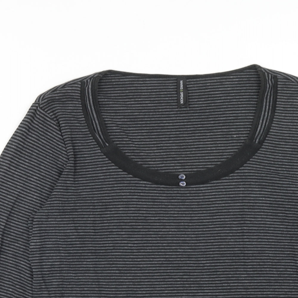 Marks and Spencer Womens Grey Striped Cotton Basic T-Shirt Size 14 Scoop Neck