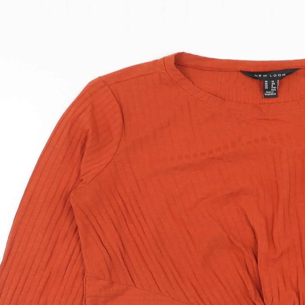 New Look Womens Orange Polyester Basic T-Shirt Size 12 Round Neck - Knot Front
