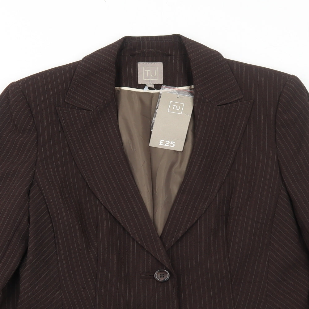 TU Womens Brown Pinstripe Polyester Jacket Blazer Size 14