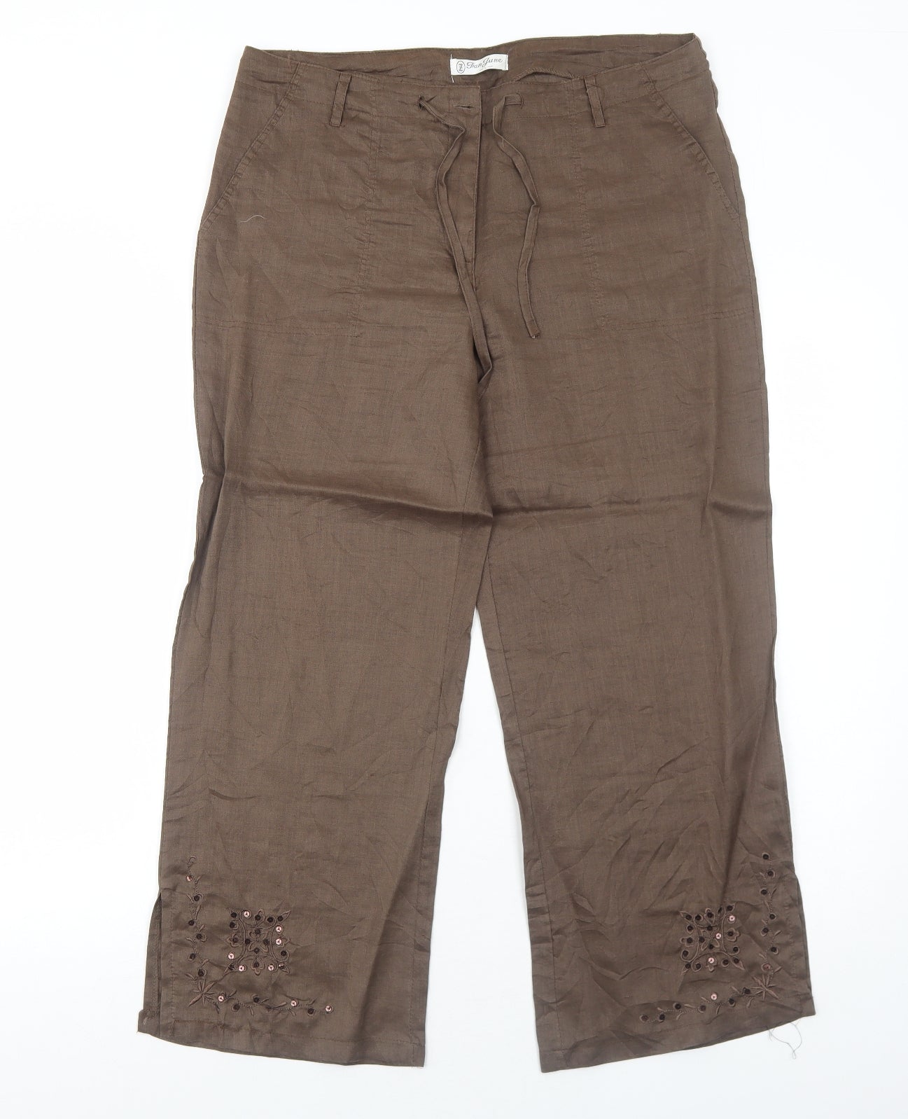 Fran June Womens Brown Floral Linen Trousers Size L Regular Zip