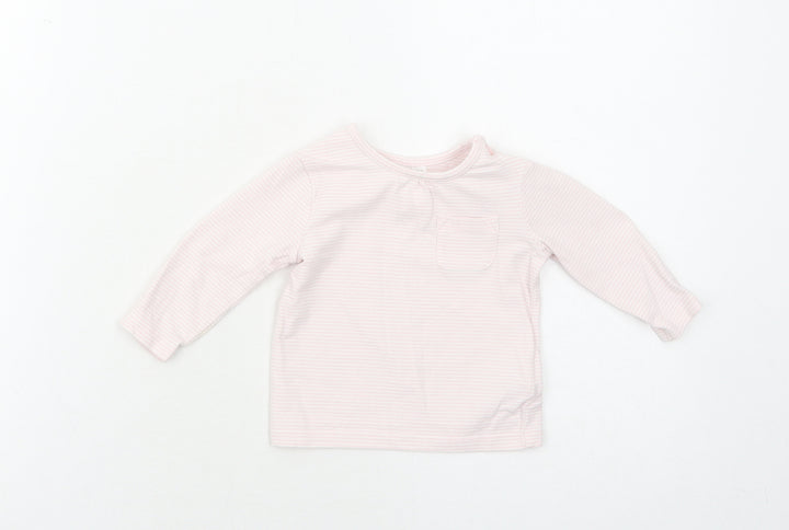 NEXT Girls Pink Striped Cotton Pullover T-Shirt Size 3-6 Months Boat Neck Button
