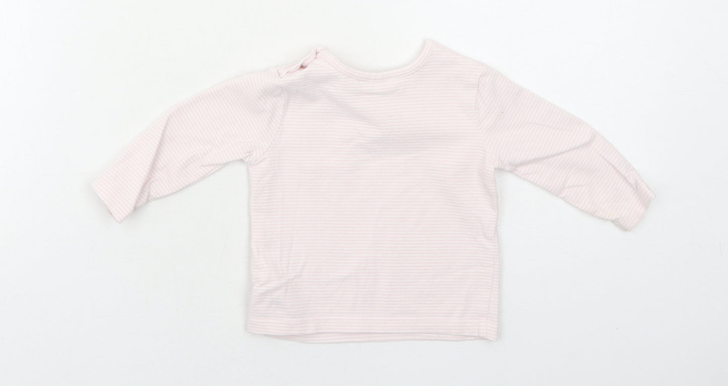 NEXT Girls Pink Striped Cotton Pullover T-Shirt Size 3-6 Months Boat Neck Button