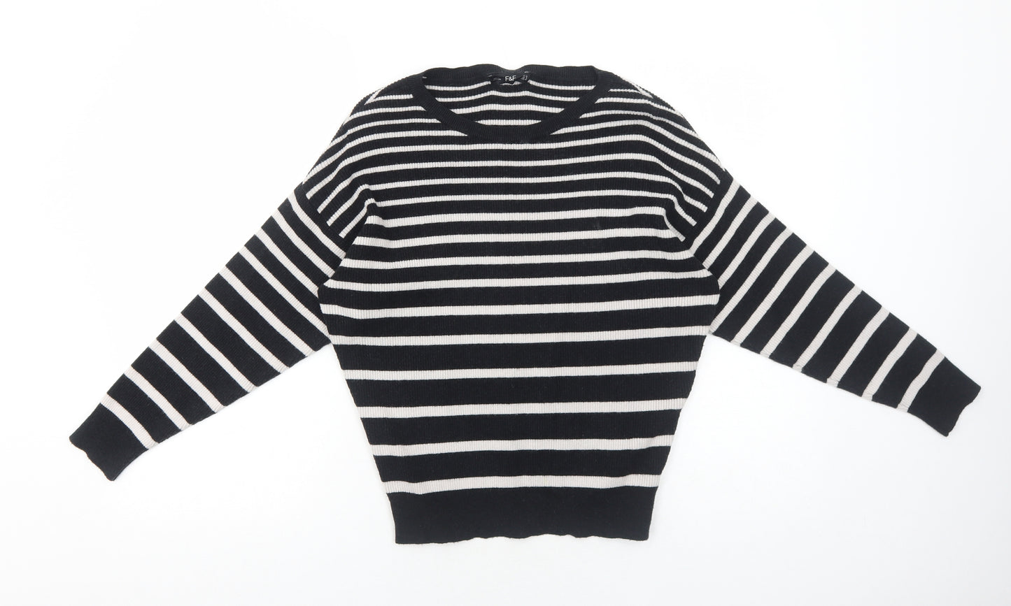 F&F Womens Black Round Neck Striped Viscose Pullover Jumper Size 12