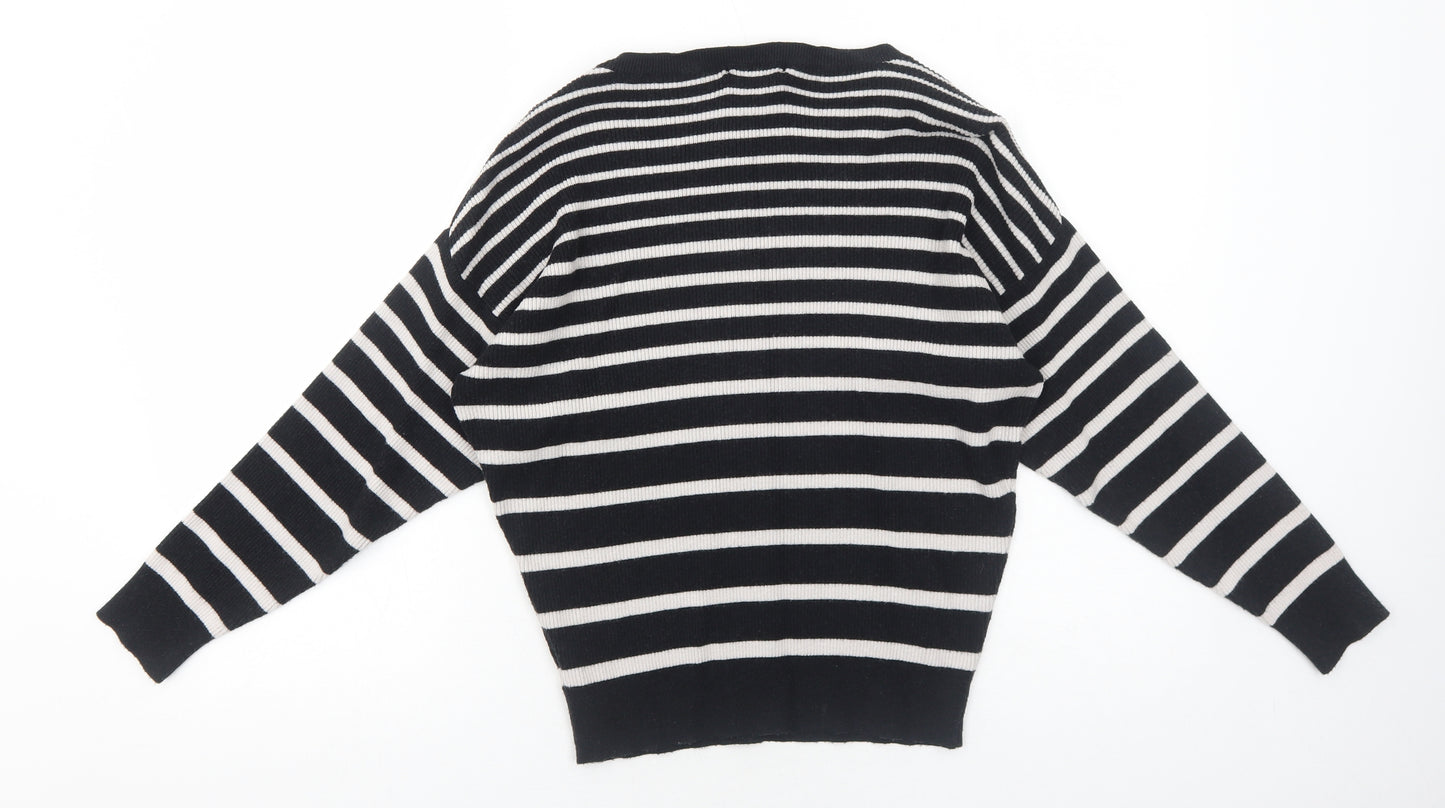 F&F Womens Black Round Neck Striped Viscose Pullover Jumper Size 12
