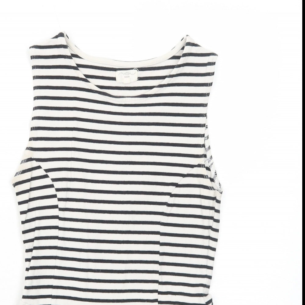New Look Womens White Striped Viscose Basic Tank Size 10 Round Neck
