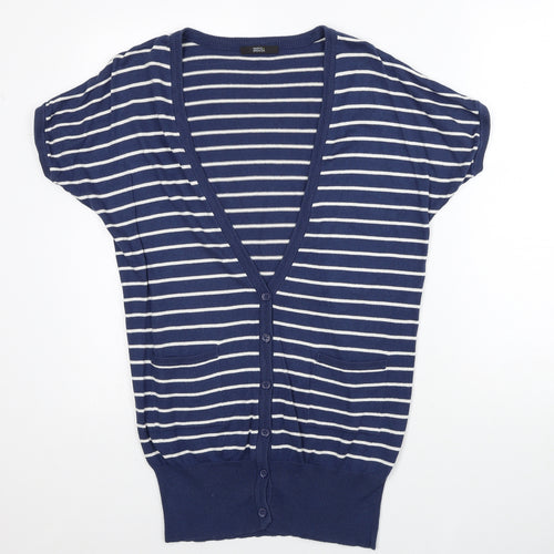 Marks and Spencer Womens Blue V-Neck Striped Acrylic Cardigan Jumper Size 10