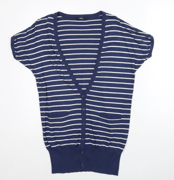 Marks and Spencer Womens Blue V-Neck Striped Acrylic Cardigan Jumper Size 10