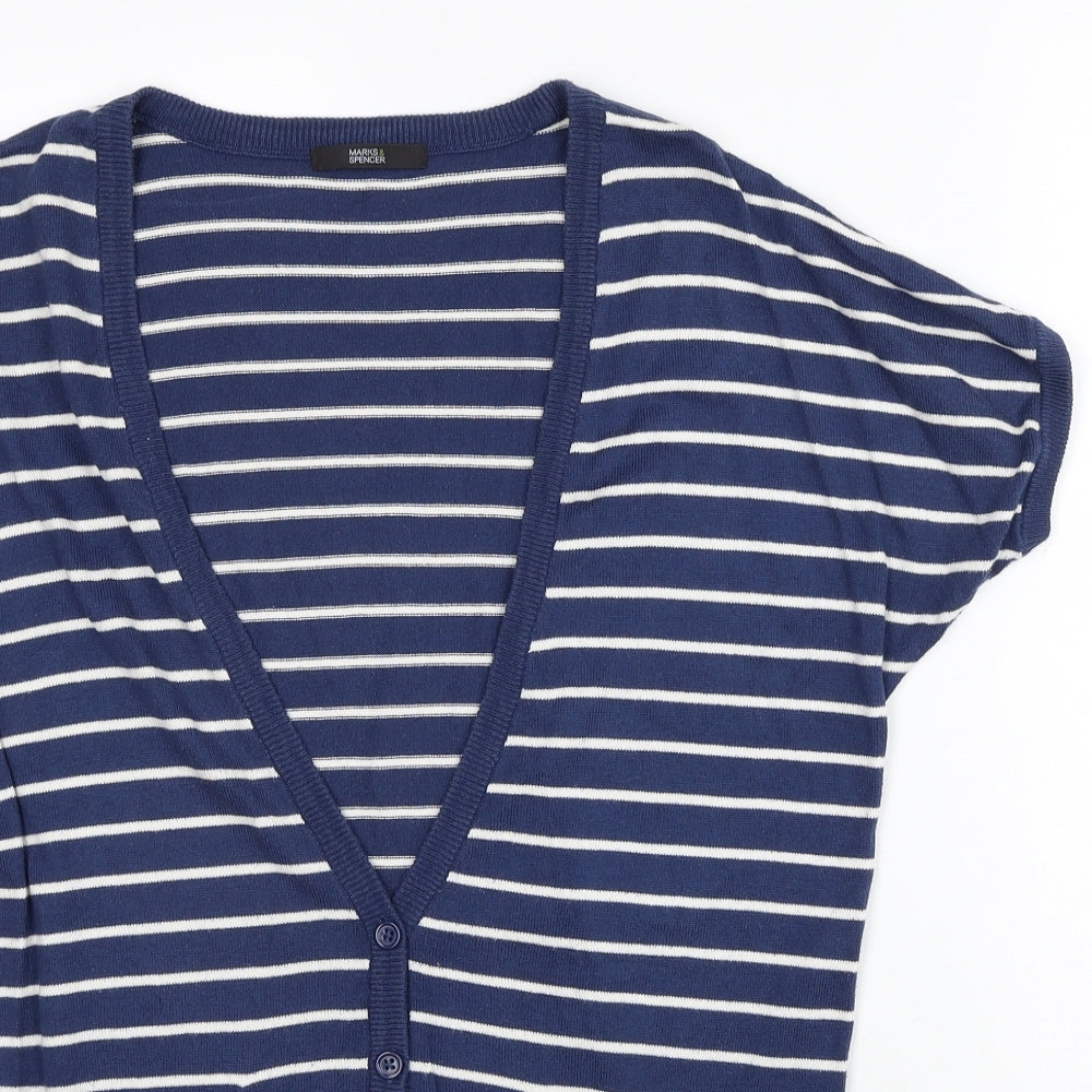 Marks and Spencer Womens Blue V-Neck Striped Acrylic Cardigan Jumper Size 10