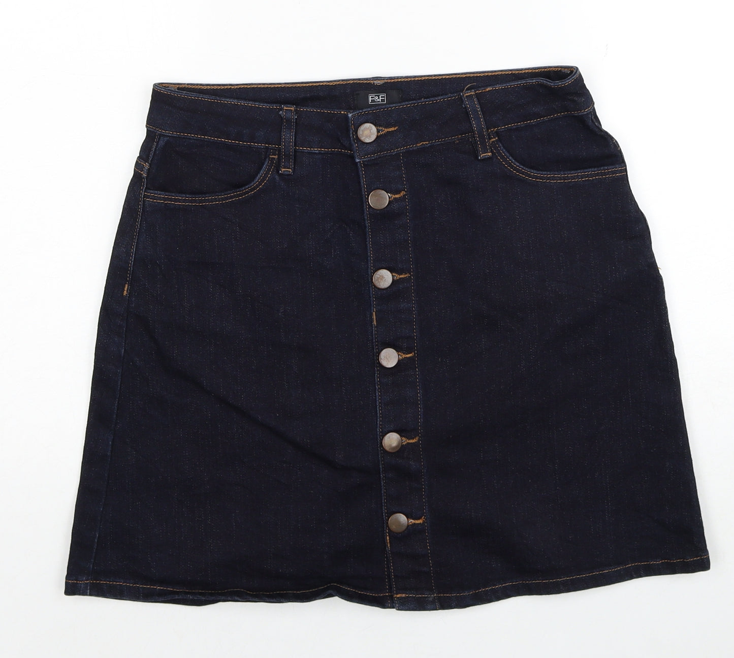 F&F Womens Blue Cotton A-Line Skirt Size 8 Button