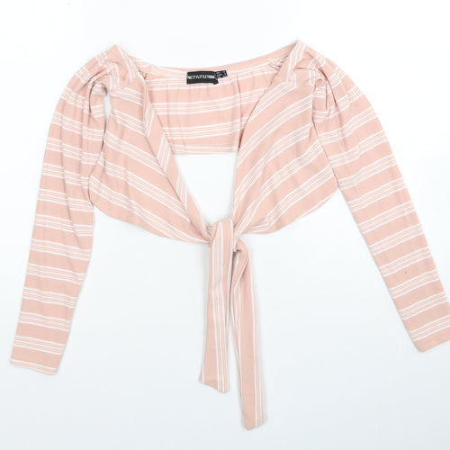 PRETTYLITTLETHING Womens Pink V-Neck Striped Polyester Pullover Jumper Size 6 - Tie Front