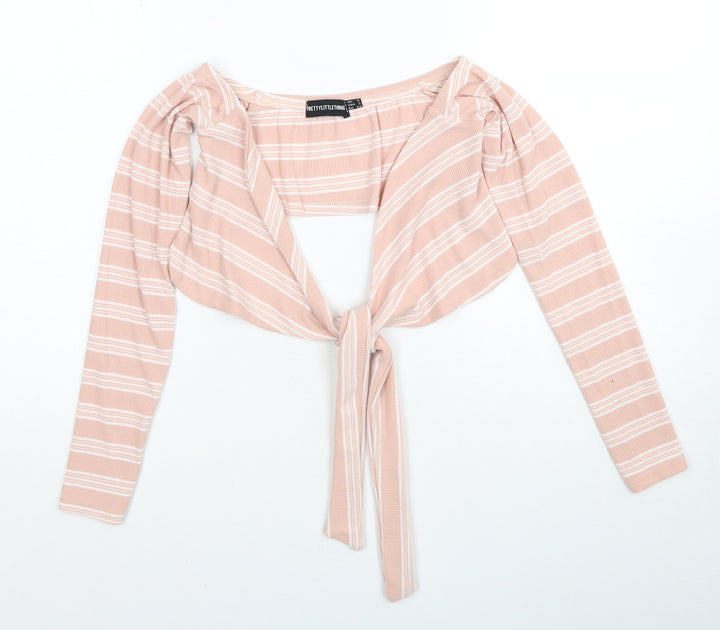 PRETTYLITTLETHING Womens Pink V-Neck Striped Polyester Pullover Jumper Size 6 - Tie Front