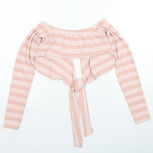 PRETTYLITTLETHING Womens Pink V-Neck Striped Polyester Pullover Jumper Size 6 - Tie Front