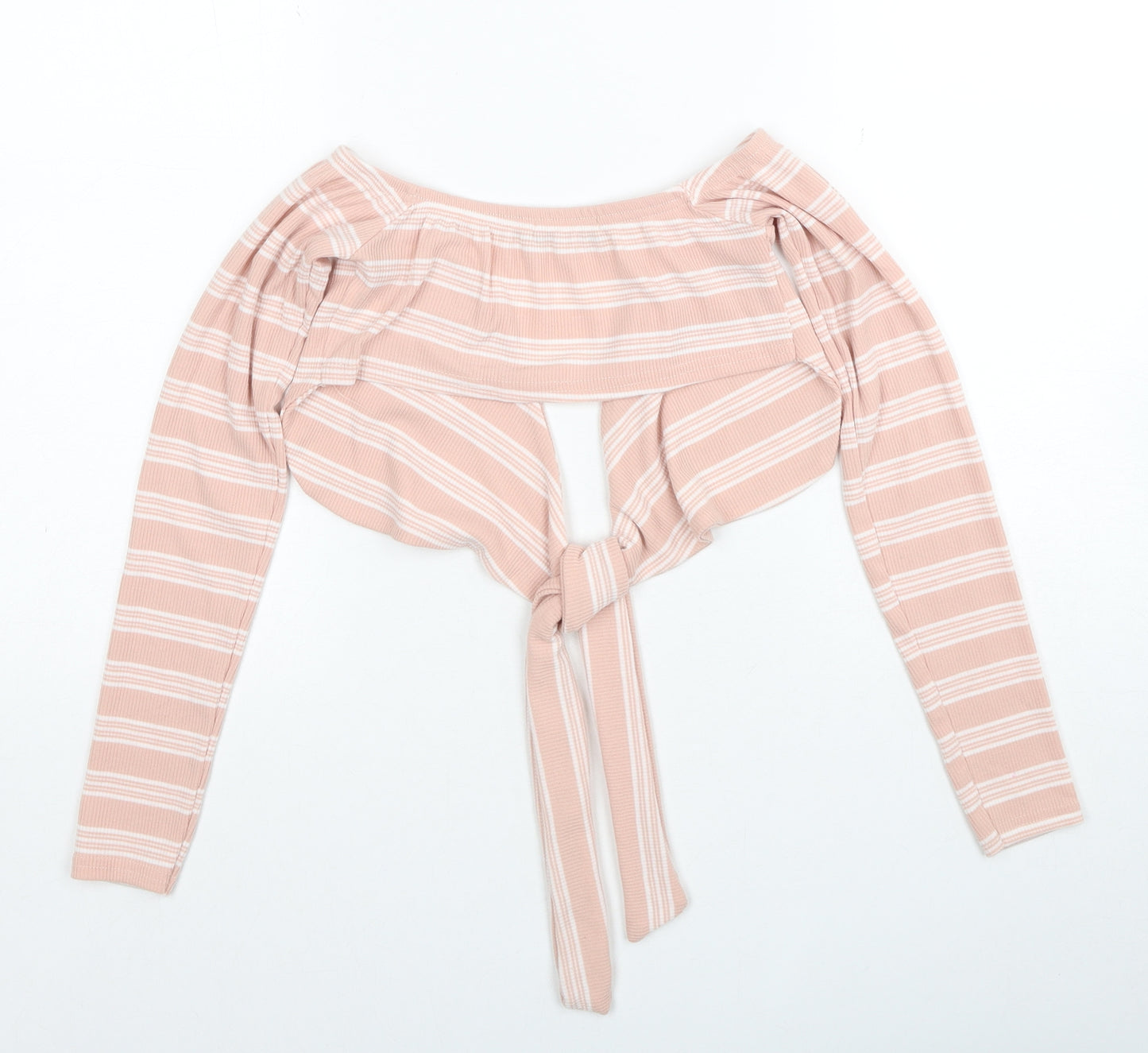 PRETTYLITTLETHING Womens Pink V-Neck Striped Polyester Pullover Jumper Size 6 - Tie Front