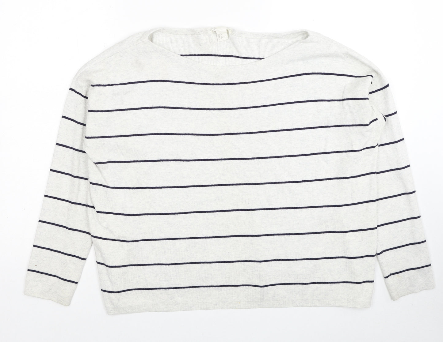 H&M Womens Grey Boat Neck Striped Cotton Pullover Jumper Size M