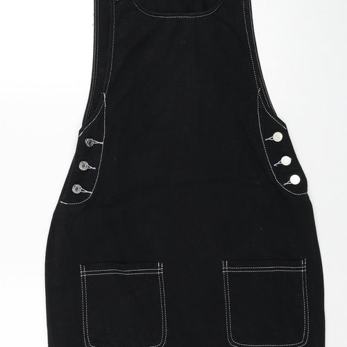 Missguided Womens Black Cotton Pinafore/Dungaree Dress Size 6 Scoop Neck Button - Contrast Stitching