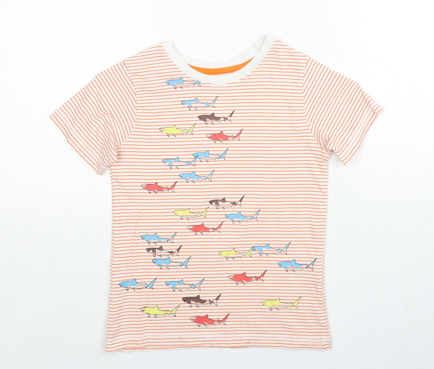 Nutmeg Boys Orange Striped Cotton Basic T-Shirt Size 5-6 Years Round Neck Pullover - Shark