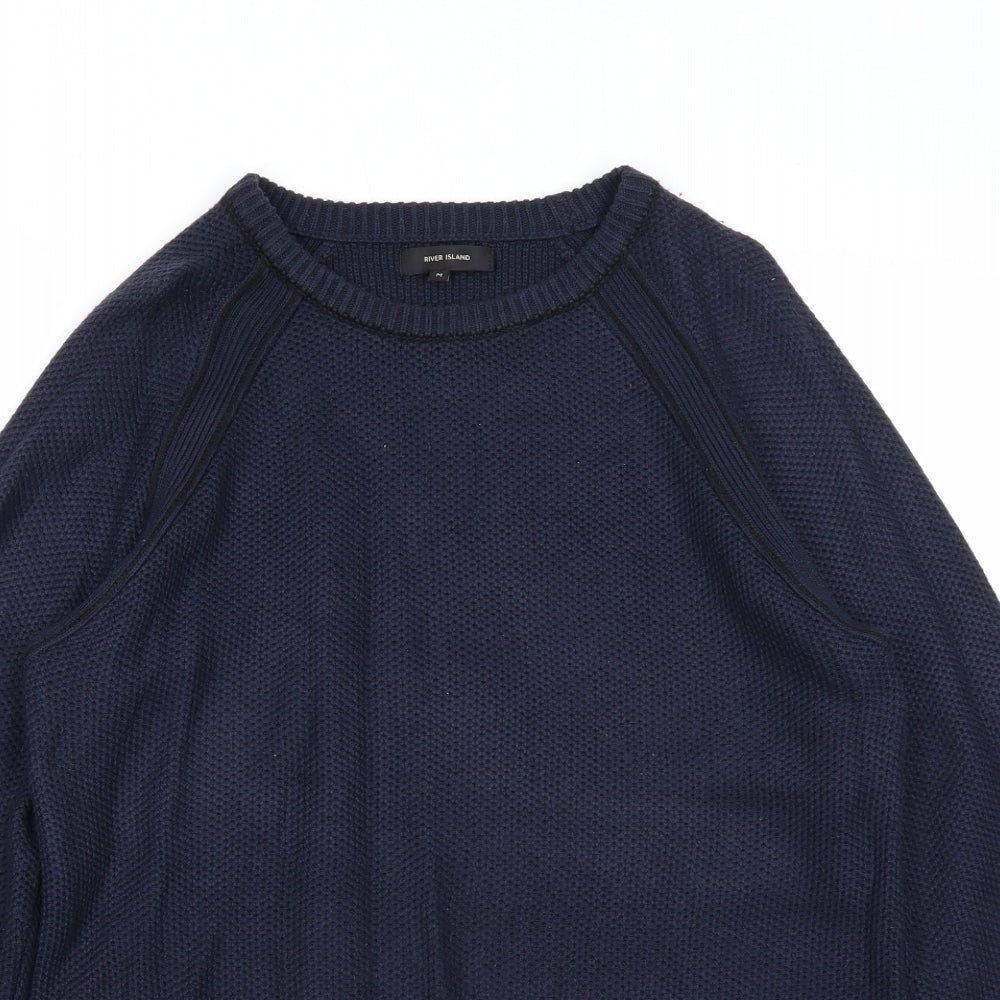 River Island Mens Blue Round Neck Acrylic Pullover Jumper Size M Long Sleeve
