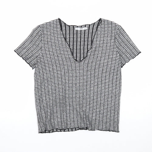 Zara Womens Black Geometric Polyester Basic T-Shirt Size S V-Neck