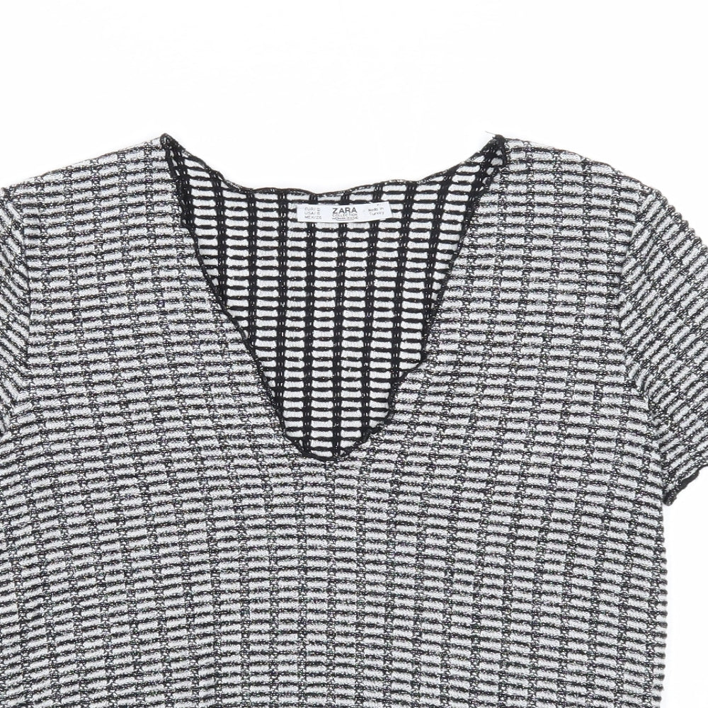 Zara Womens Black Geometric Polyester Basic T-Shirt Size S V-Neck