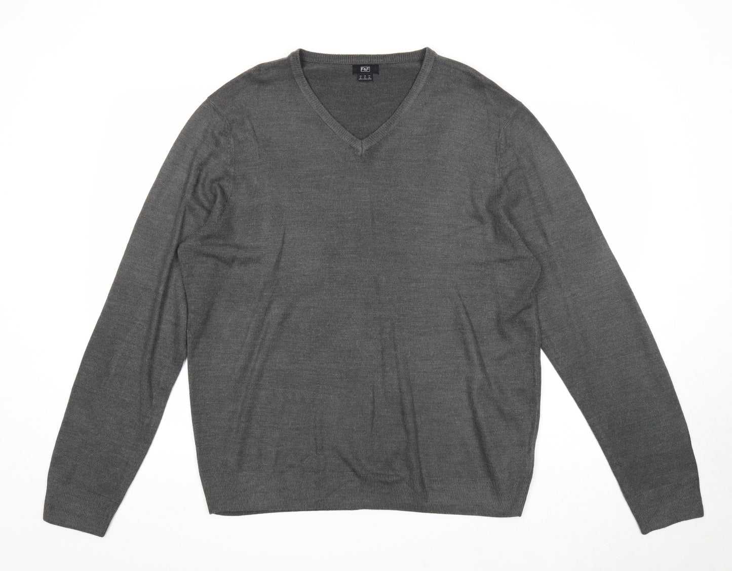 F&F Mens Grey V-Neck Acrylic Pullover Jumper Size XL Long Sleeve