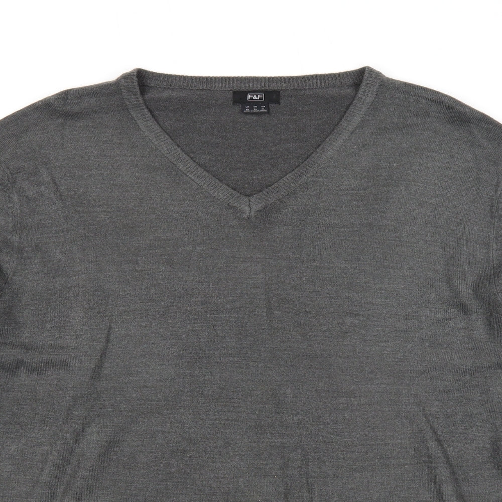 F&F Mens Grey V-Neck Acrylic Pullover Jumper Size XL Long Sleeve