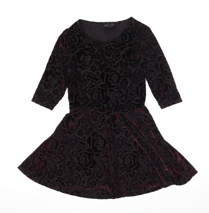 Topshop Womens Black Geometric Nylon Skater Dress Size 8 Scoop Neck Pullover