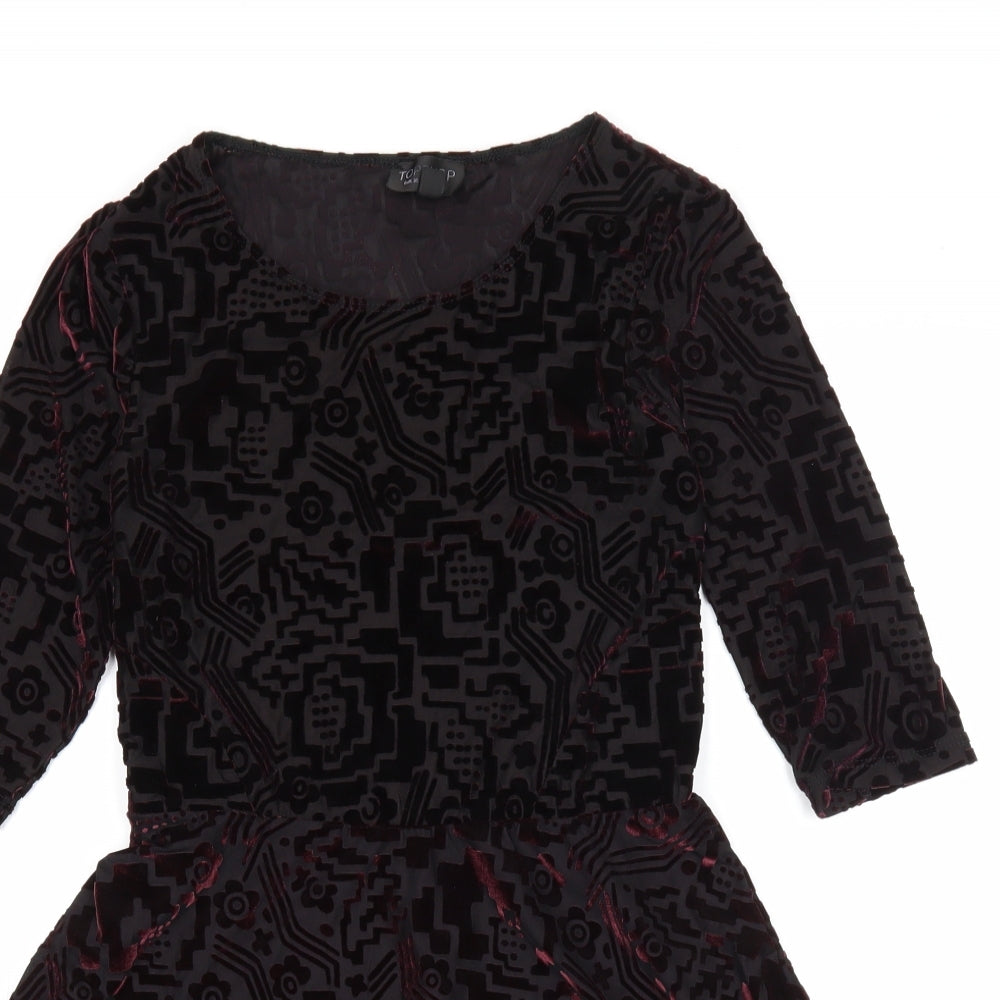 Topshop Womens Black Geometric Nylon Skater Dress Size 8 Scoop Neck Pullover