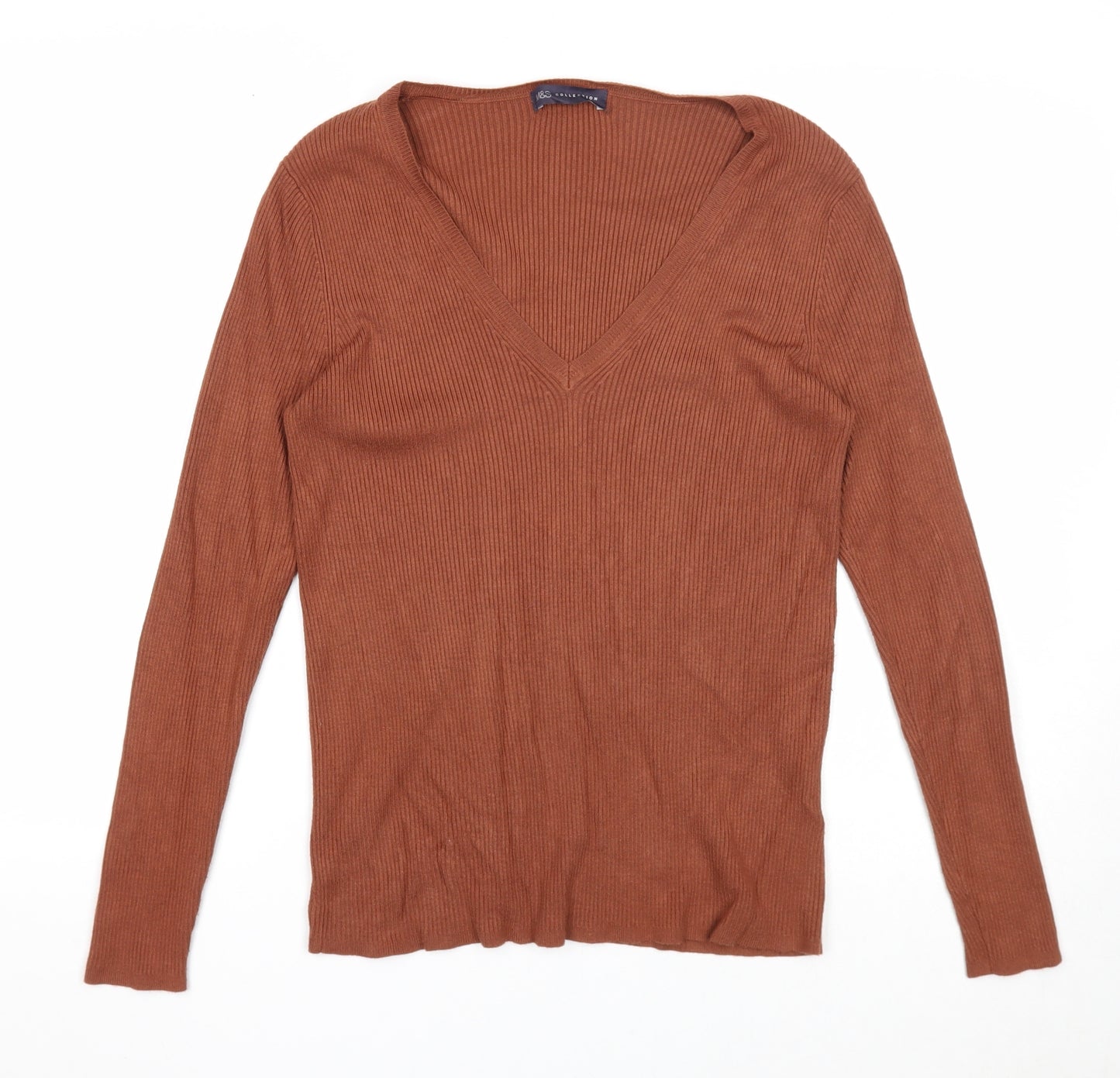Marks and Spencer Womens Brown V-Neck Viscose Pullover Jumper Size 16