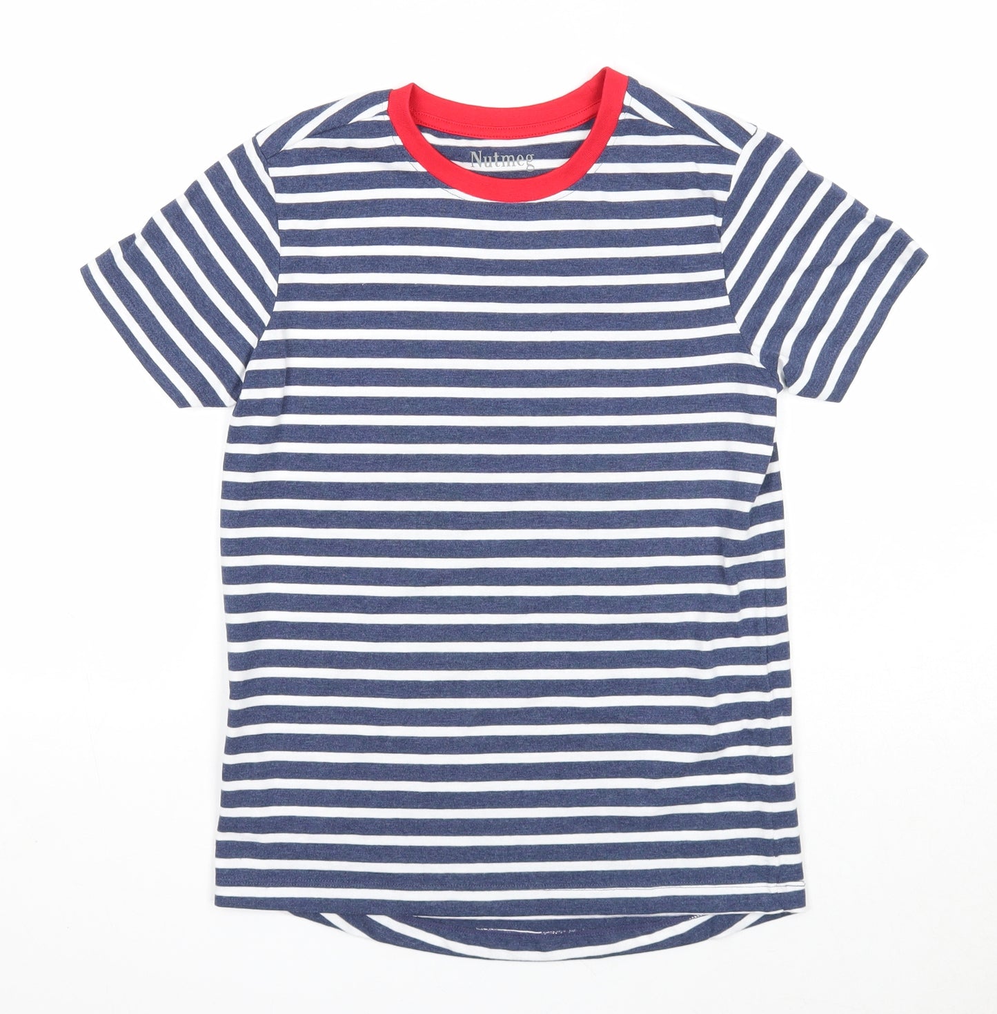 Nutmeg Boys Blue Striped Cotton Basic T-Shirt Size 9-10 Years Round Neck Pullover