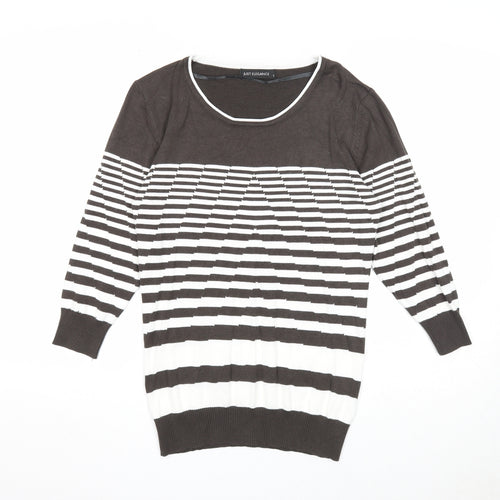 Just Elegance Womens Grey Round Neck Striped Viscose Pullover Jumper Size S