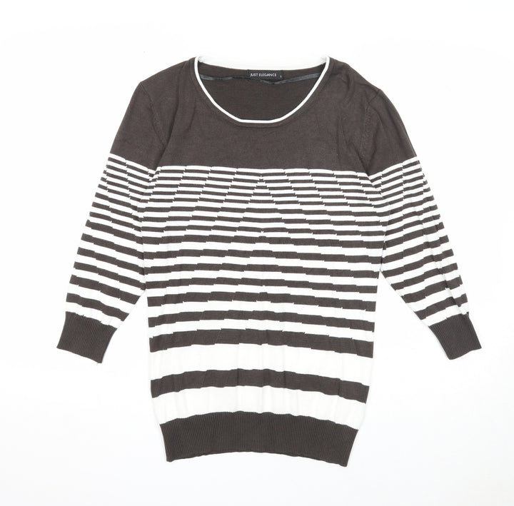 Just Elegance Womens Grey Round Neck Striped Viscose Pullover Jumper Size S