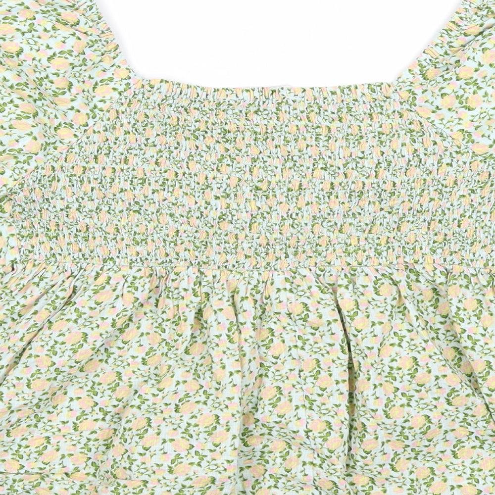 TU Womens Green Floral Cotton Basic Blouse Size 14 Off the Shoulder - Shirred Back