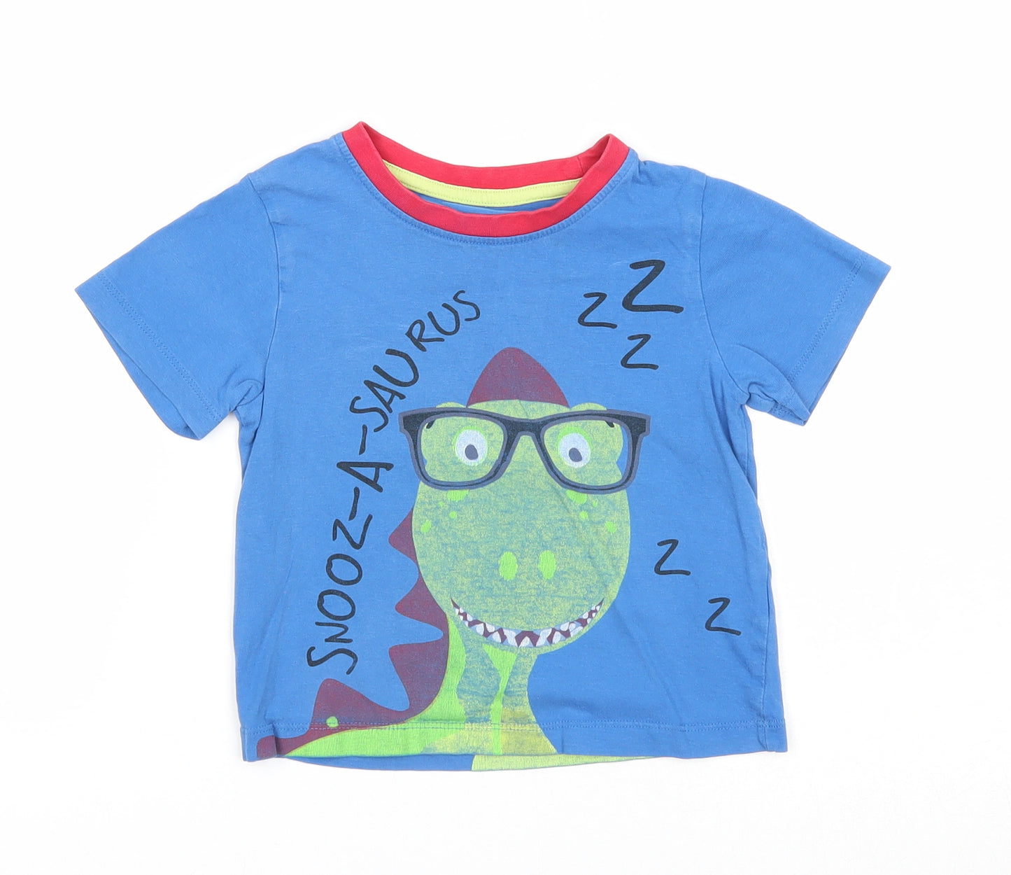 Preworn Boys Blue Cotton Basic T-Shirt Size 2-3 Years Round Neck Pullover - Snooz-A-Saurus