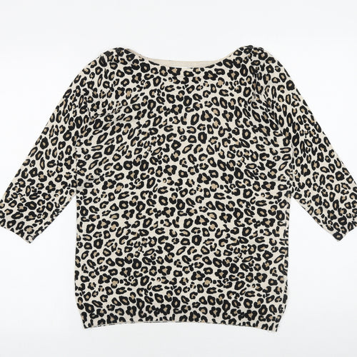 Wallis Womens Beige Round Neck Animal Print Cotton Pullover Jumper Size 6 - Leopard print