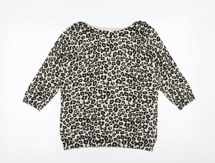 Wallis Womens Beige Round Neck Animal Print Cotton Pullover Jumper Size 6 - Leopard print