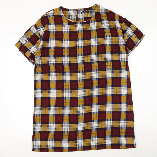 Boohoo Womens Red Plaid Polyester T-Shirt Dress Size 12 Round Neck Zip