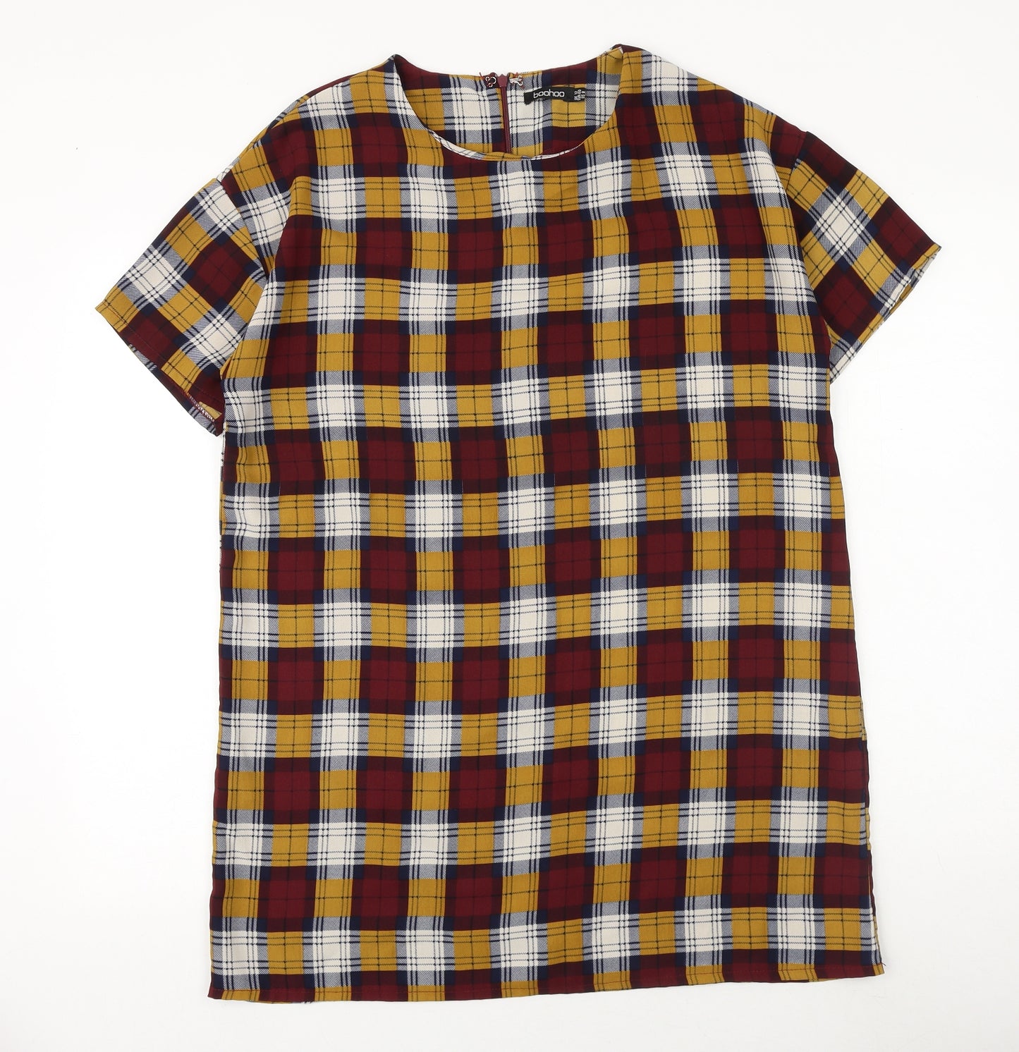 Boohoo Womens Red Plaid Polyester T-Shirt Dress Size 12 Round Neck Zip