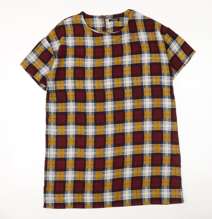 Boohoo Womens Red Plaid Polyester T-Shirt Dress Size 12 Round Neck Zip