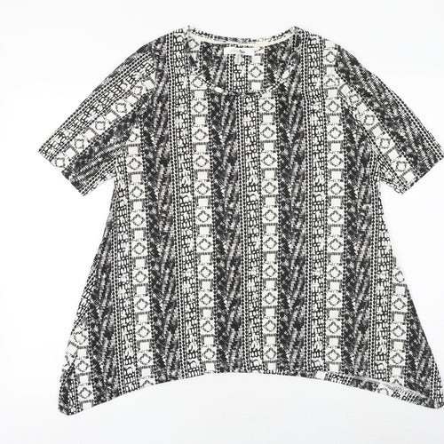 Simply Be Womens Black Geometric 100% Cotton Basic T-Shirt Size 12 Scoop Neck - Hanky Hem