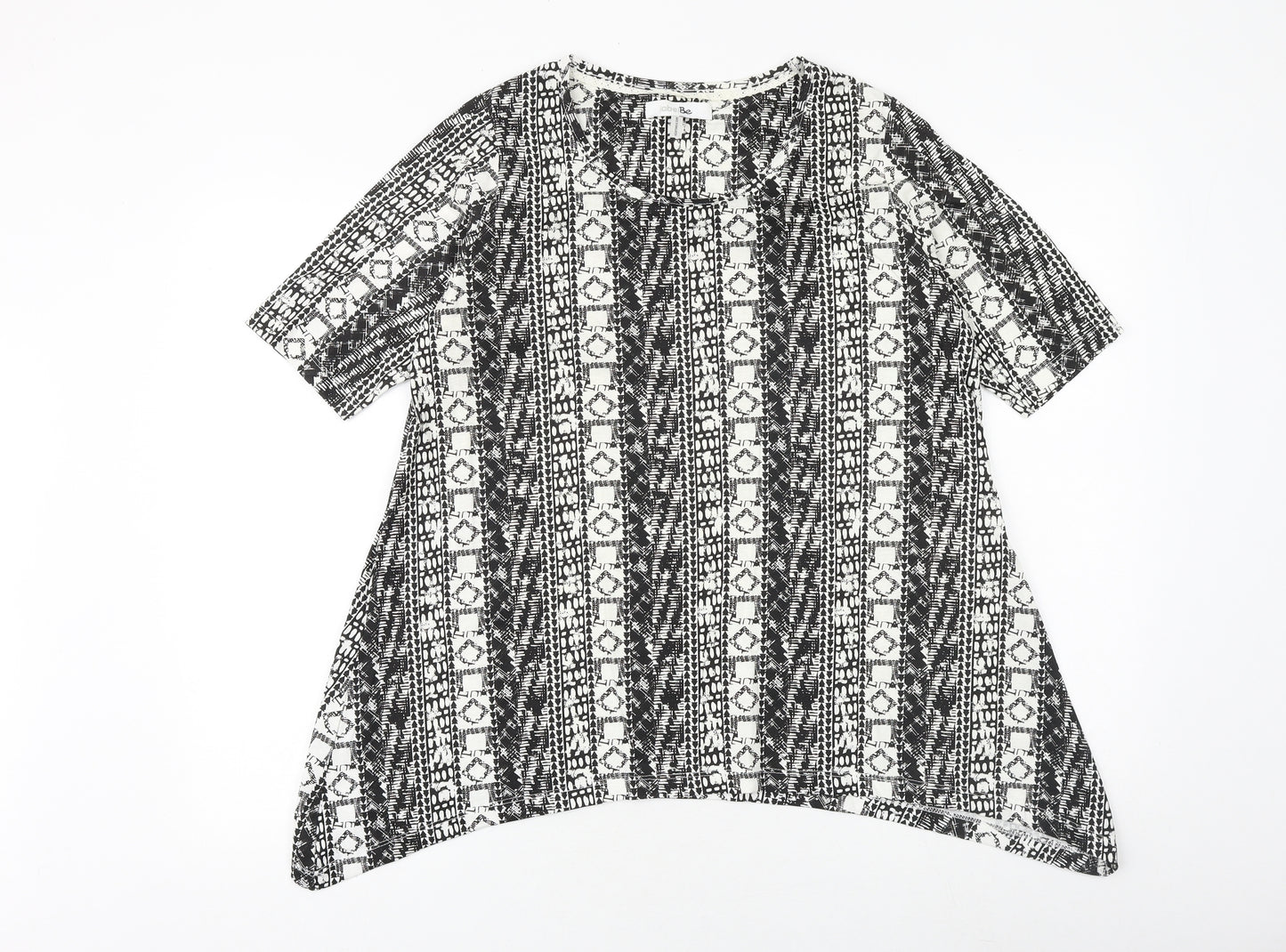 Simply Be Womens Black Geometric 100% Cotton Basic T-Shirt Size 12 Scoop Neck - Hanky Hem