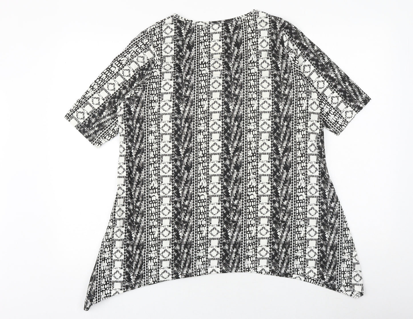 Simply Be Womens Black Geometric 100% Cotton Basic T-Shirt Size 12 Scoop Neck - Hanky Hem